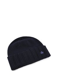 Bonnet tricoté bleu marine avec un motif côtelé, présentant un revers retroussé et un petit logo brodé en violet à l'avant.