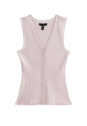 Gilet senza maniche in maglia a coste rosa pallido con scollo a V e cinque piccoli bottoni sul davanti, con orlo leggermente svasato.