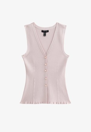 Gilet senza maniche in maglia a coste rosa pallido con scollo a V e cinque piccoli bottoni sul davanti, con orlo leggermente svasato.