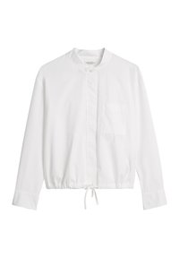 White collared jacket with long sleeves, elastic waistband, and a single chest pocket. Made of lightweight fabric with a smooth texture.