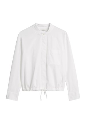 White collared jacket with long sleeves, elastic waistband, and a single chest pocket. Made of lightweight fabric with a smooth texture.