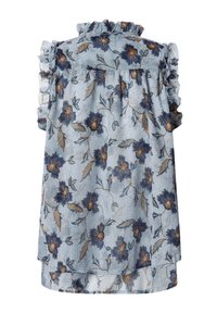 Zila ziedu blūze ar īsām, drapētām piedurknēm, ar detalizētiem rakstiem tumši zilā un oranžā krāsā, izgatavota no teksturēta auduma un brīvā piegriezumā.