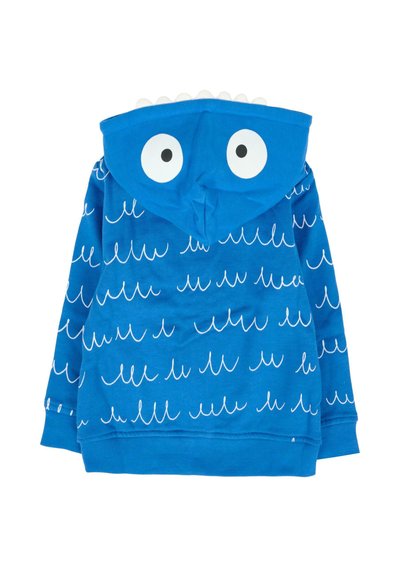 Felpa blu per bambini con motivi a onde bianchi e grandi occhi da cartone animato sul cappuccio, caratterizzata da piccole punte bianche lungo la parte superiore del cappuccio.