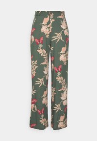Zielone kwiatowe spodnie o szerokich nogawkach. Posiadają duże różowe kwiaty i czerwone motyle. Wykonane z lekkiego materiału o gładkiej teksturze.