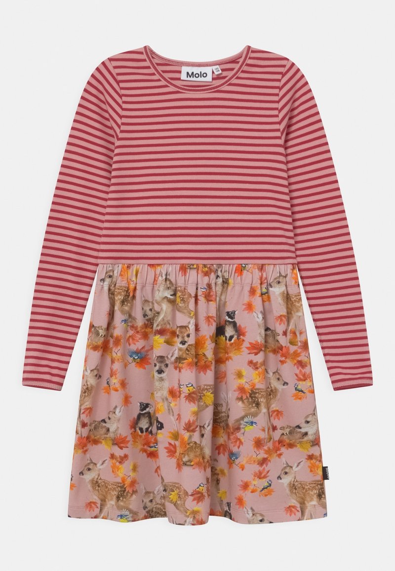 Robe à manches longues avec un haut rayé rouge et rose et une jupe florale rose ornée d'imprimés animaliers et de feuilles d'automne. Détail de taille élastique.