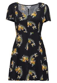 Svart blommig klänning med paisleymönster och gula och vita blommor, korta ärmar, rundad halsringning och figurnära midja.