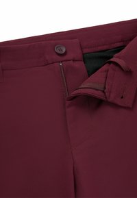 Burgundy byxor med dragkedja och knappstängning, stänklippta detaljer och en mörk innerfoder. Slät, strukturerad tyg.