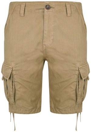 Beige cargo shorts gemaakt van gestructureerde stof; beschikt over twee zijzakken, knoopsluiting en koordjes aan de zoom.