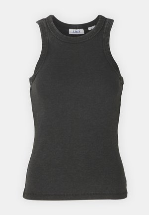 Černý žebrovaný tílko s kulatým výstřihem, bez rukávů a mírně přiléhavým střihem. Obsahuje minimální švy a štítek uvnitř.