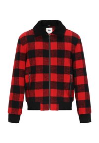Rot-schwarze karierte Jacke mit einem Reißverschluss vorne, einem schwarzen Kragen und seitlichen Reißverschlusstaschen. Hergestellt aus einem strukturierten Stoff mit gerippten Bündchen.