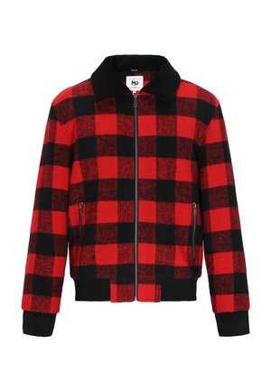 Rood en zwart geruite jas met een ritssluiting aan de voorkant, een zwarte kraag en zijzakken met rits. Gemaakt van een gestructureerde stof met rib gebreide mouwen.