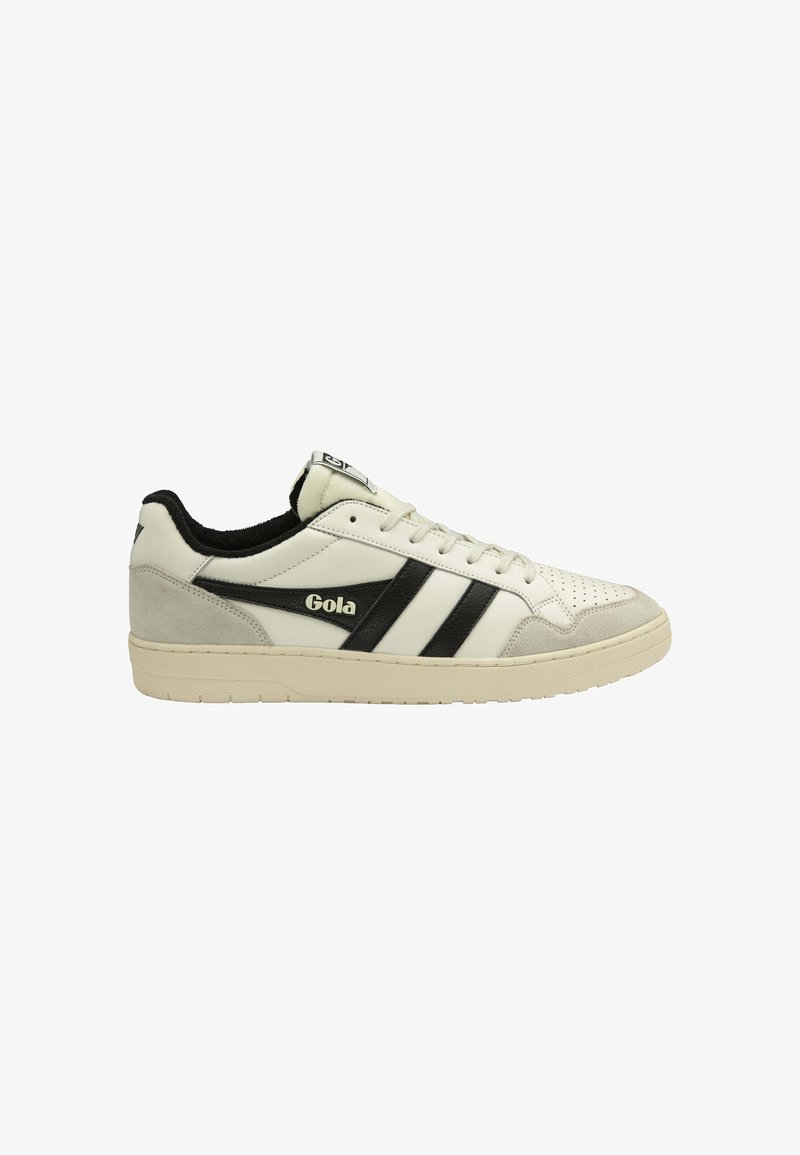 White leather sneaker with black and grey accents, featuring three black stripes, a textured toe cap, and a rubber sole. Gola logo visible.
