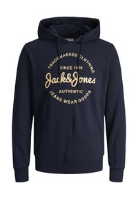 Navy blue hoodie made of cotton blend, featuring a kangaroo pocket, drawstring hood, and large beige logo print on the front.