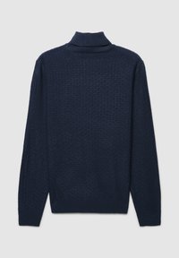 Marineblauer Rollkragenpullover mit strukturiertem Muster, langen Ärmeln sowie gerippten Bündchen und Kragen. Weicher Strickstoff. Rückansicht.
