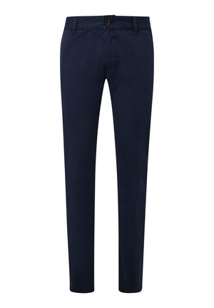 Marineblaue Baumwollchinos mit geradem Schnitt, Vordertaschen und einem einzelnen Knopf am Bund. Glatte Textur mit minimalen Nähdetails.