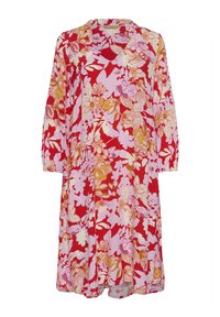 Lillelille kleit punastes ja roosades toonides, millel on V-kujuline kaelus ja pikad varrukad. Valmistatud kergest materjalist, voolava disaini ja pehme tekstuuriga.