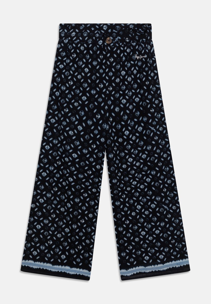Spodnie o szerokich nogawkach w granatowym materiale z geometrycznym wzorem w jasnoniebieskim kolorze. Wyposażone w zapięcie na guzik i wykończone obszyciem.