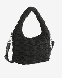 Schwarze geraffte Stoffhandtasche mit gepolstertem Obergriff und abnehmbarem, verstellbarem Lederschultergurt.