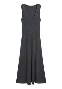 Ärmelloses, dunkelgraues, tailliertes Kleid mit Rundhalsausschnitt und ausgestelltem Saum, das vertikale Nahtdetails im Oberteil und Rock aufweist.