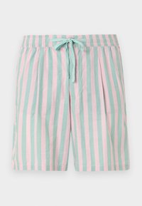 Shorts légers à rayures présentant des rayures verticales alternées en teal et rose, une taille élastique et un détail de lien à l'avant.