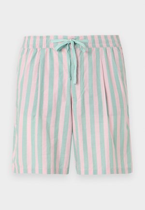 Lengvi dryžuoti šortai su pakaitiniais mėlynais ir rožiniais vertikaliais dryžiais, elastinga juostos juosta ir priekinėmis rišamomis detalėmis.