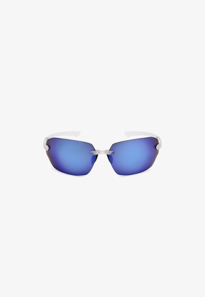 Occhiali da sole avvolgenti con lenti specchiate blu, aste bianche e montatura senza bordi, mostrati su sfondo bianco.