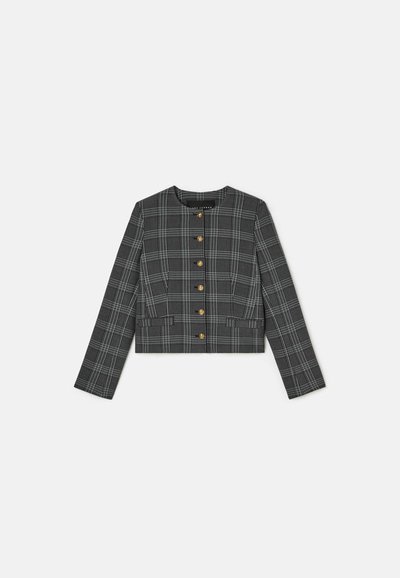 Jachetă scurtă cu mâneci lungi, într-un model de plaid negru și gri, având butoane aurii pe față și două buzunare frontale.