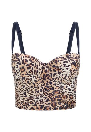 Brassière en imprimé léopard avec bonnets rembourrés, bretelles noires réglables et coupe ajustée. Le tissu présente une finition texturée et scintillante.