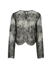 Fekete csipke felső hosszú ujjal és fodros szegéllyel. Virágmintákkal, kulcslyuk hátoldallal és puha, áttetsző textúrával rendelkezik.