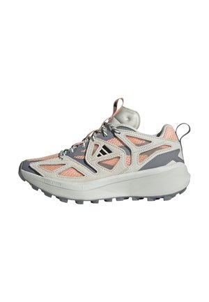 Leichte Sneakers mit einem Obermaterial aus cremefarbenem Mesh, pinken Akzenten, grauen Überzügen und strukturiertem Außensohle. Sie verfügen über einen gepolsterten Schaft und eine Schnürung.