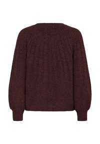 Maglione a maglia color marrone borgogna con texture a coste, scollatura rotonda e maniche a palloncino. La schiena presenta un dettagliato motivo a treccia verticale.