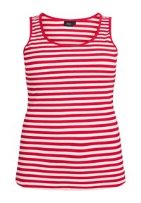 Rød og hvidstribet tanktop med rund halsudskæring, ribbet tekstur og tætsiddende design. Etiket synlig ved halsudskæringen.