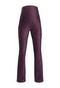 Pantalons à taille haute évasés en velours violet profond. Texture lisse avec des détails de couture sur les côtés.