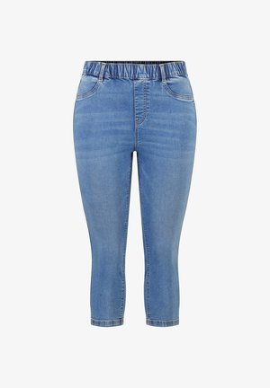 Jean en denim bleu clair raccourci avec une taille élastique, des poches avant et une coupe slim.