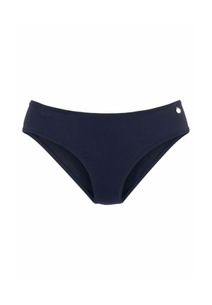 Dunkelblaue Damen-Bikinihose mit niedrigem Bund und kleinem rundem Metallanhänger auf der linken Seite.
