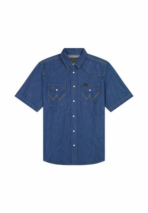 Jeans-Hemd mit kurzen Ärmeln, Knopfleiste, zwei vorderen Brusttaschen mit Knöpfen und gelber Kontrastnaht.