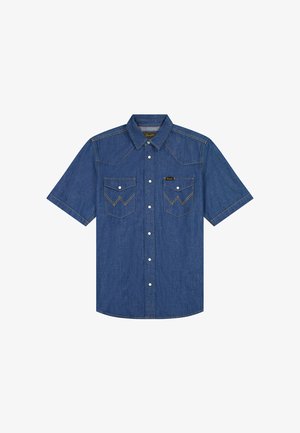 Jeans-Hemd mit kurzen Ärmeln, Knopfleiste, zwei vorderen Brusttaschen mit Knöpfen und gelber Kontrastnaht.