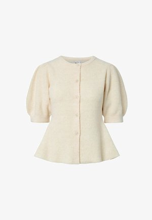 Light beige ribbed sweater with a round neckline, short puff sleeves, and a button-front closure, featuring a flared hemline.