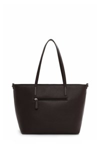 Borsa a spalla in pelle marrone scuro con superficie texturizzata, doppie maniglie e una tasca anteriore con zip. Design spazioso, con un'accentuazione hardware minimale.