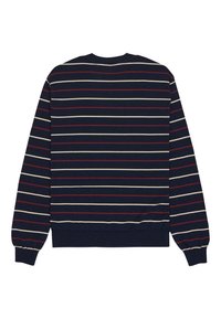 Felpa navy con righe orizzontali in crema e rosso. Collo e polsini a costine. Materiale morbido e testurizzato con vestibilità rilassata.