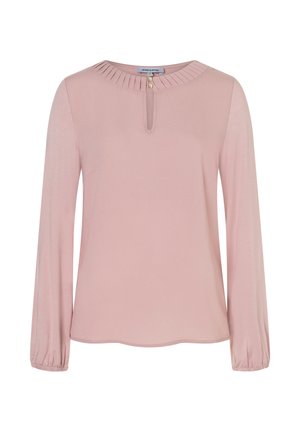 Hellrosa Bluse mit langen Ärmeln aus weichem Stoff, mit einem gefältelten Ausschnitt, einer Knopfleiste und gerafften Manschetten.