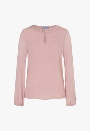 Hellrosa Bluse mit langen Ärmeln aus weichem Stoff, mit einem gefältelten Ausschnitt, einer Knopfleiste und gerafften Manschetten.