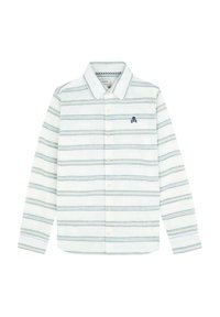 Camicia a maniche lunghe a righe bianche con righe orizzontali blu e verdi, design button-up, colletto e un piccolo logo a teschio ricamato.