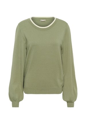 Light green long-sleeve sweater with a cream-trimmed round neckline and ribbed cuffs and hem.