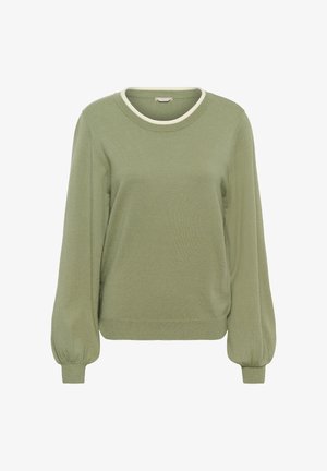 Light green long-sleeve sweater with a cream-trimmed round neckline and ribbed cuffs and hem.
