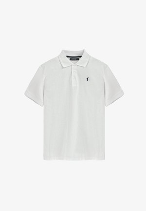 Biała koszulka polo z teksturowanej tkaniny, z trzyguzkowym zapięciem oraz małym czarnym logo sylwetki golfisty po lewej stronie klatki piersiowej.