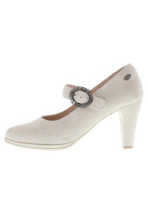 White suede Mary Jane heels with a round toe, adjustable strap featuring a silver decorative buckle, and a medium-height heel.