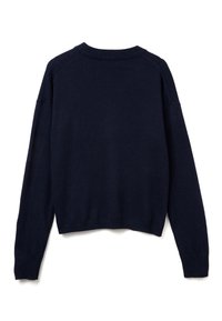 Suéter de punto azul marino oscuro con cuello redondo, mangas raglán y dobladillo acanalado. Textura suave, mangas largas y diseño sencillo.