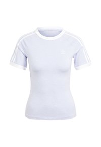 Light purple fitted Adidas short-sleeve t-shirt with white crew neck, sleeve cuffs, and three stripes on shoulders.