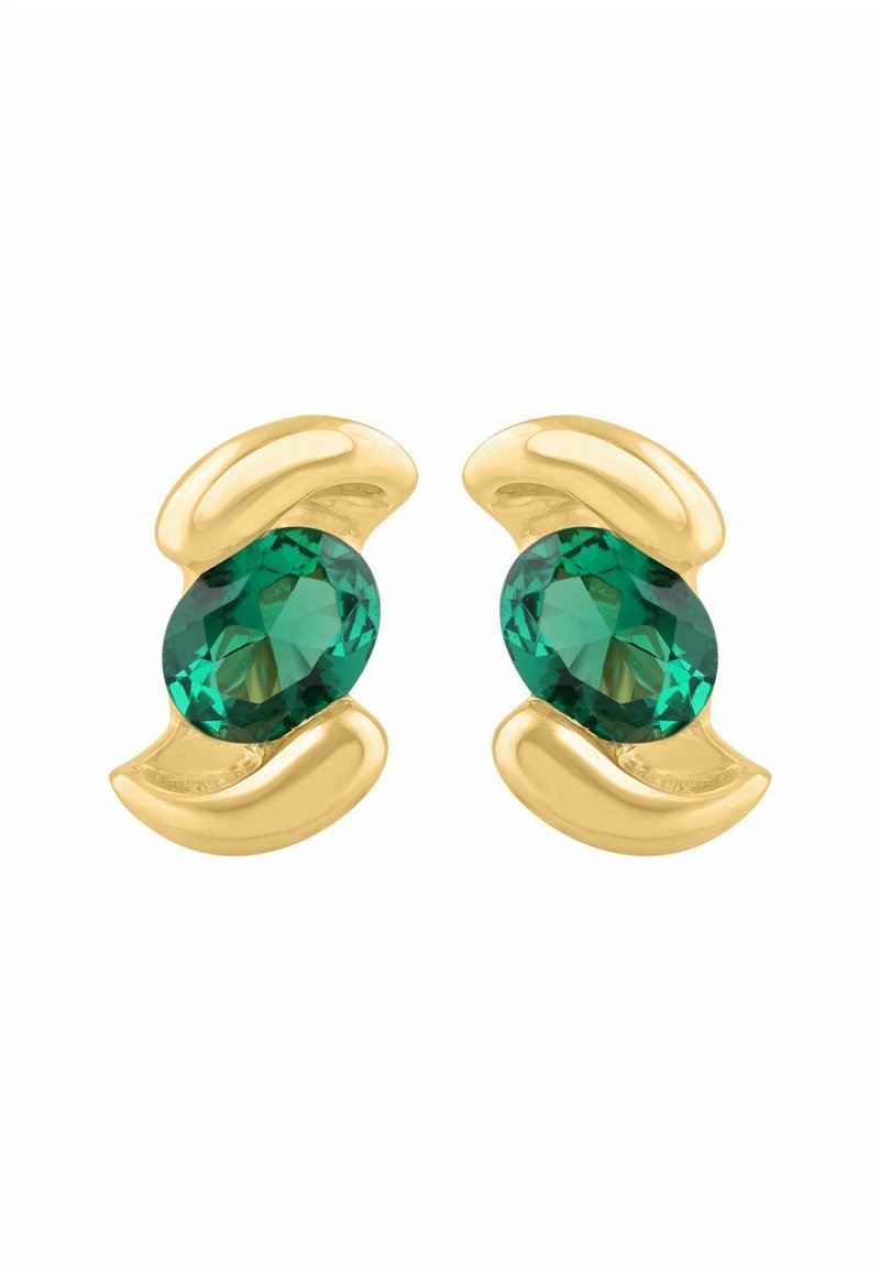 Złote kolczyki z owalnym zielonym kamieniem szlachetnym, o gładkim, zaokrąglonym kształcie podkreślającym fasetki kamienia i jego żywy kolor.